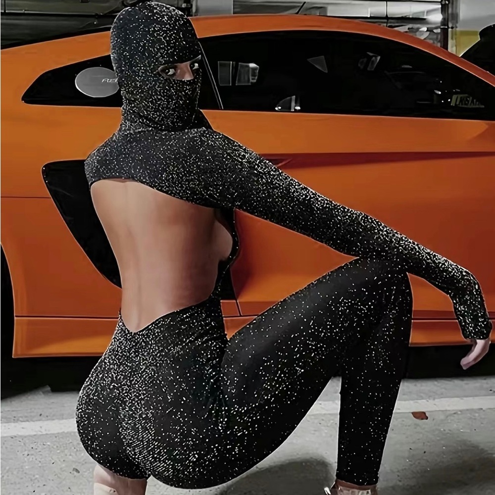 HOT 🔥 Black Glitter Open Back Jumpsuit Set Small - Picture 3 of 6